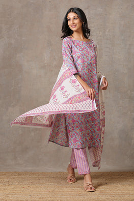 Pink Lily Pure Cotton Printed Kurta Pant Dupatta Set For Women Online