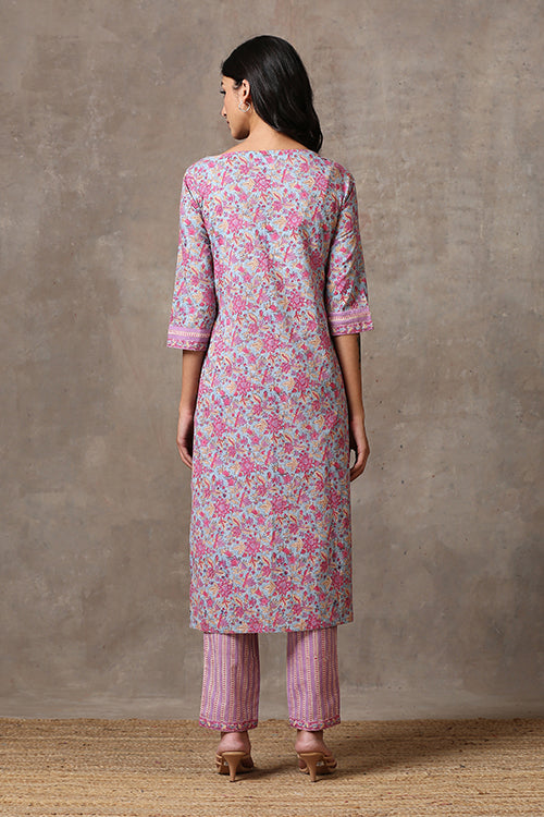 Okhai 'Pink Lily' Pure Cotton Hand Block Printed Kurta Pant Dupatta Set