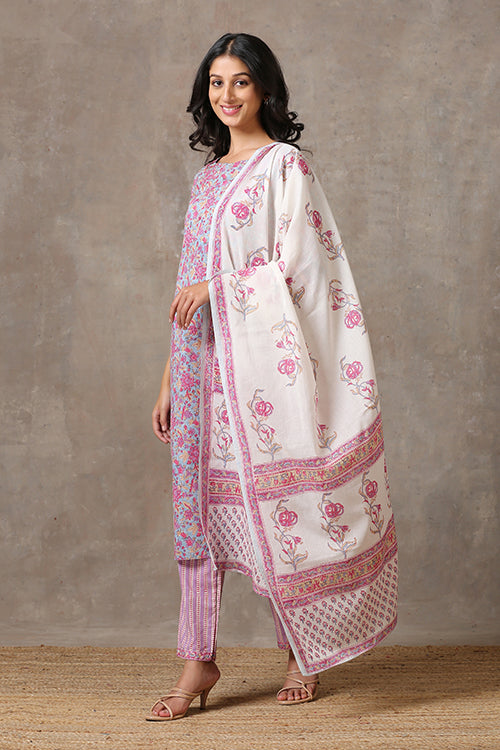 Okhai 'Pink Lily' Pure Cotton Hand Block Printed Kurta Pant Dupatta Set