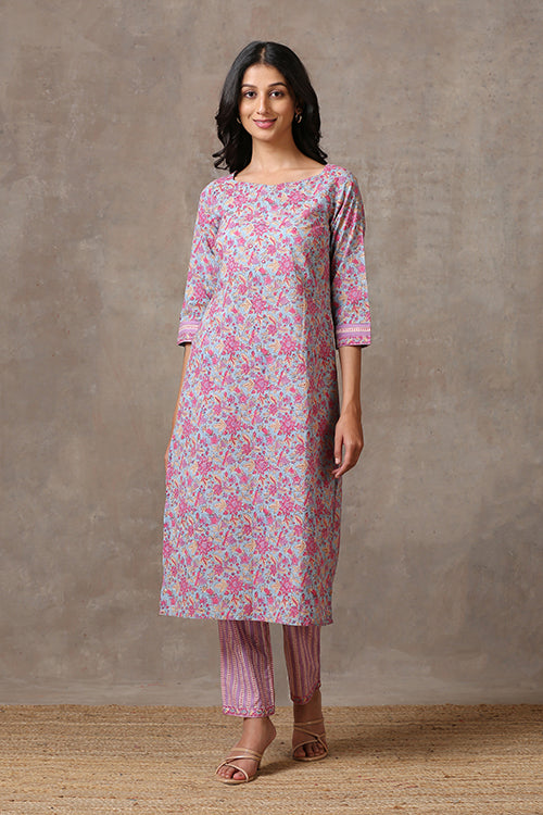 Okhai 'Pink Lily' Pure Cotton Hand Block Printed Kurta Pant Dupatta Set