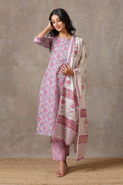 Okhai 'Pink Lily' Pure Cotton Hand Block Printed Kurta Pant Dupatta Set