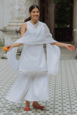 Milky Swan Gota Patti  White Kurta With Sharara Dupatta Set For Women Online