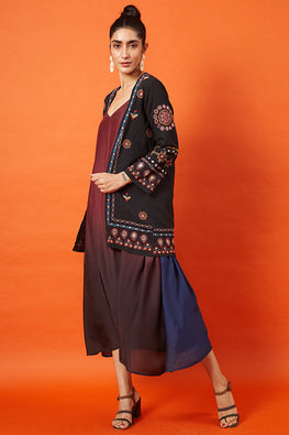 Maharani Kutch Embroidered Cotton Black Long Jacket For Women Online