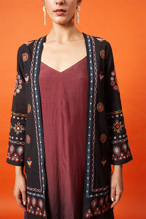 Maharani Kutch Embroidered Cotton Black Long Jacket For Women Online
