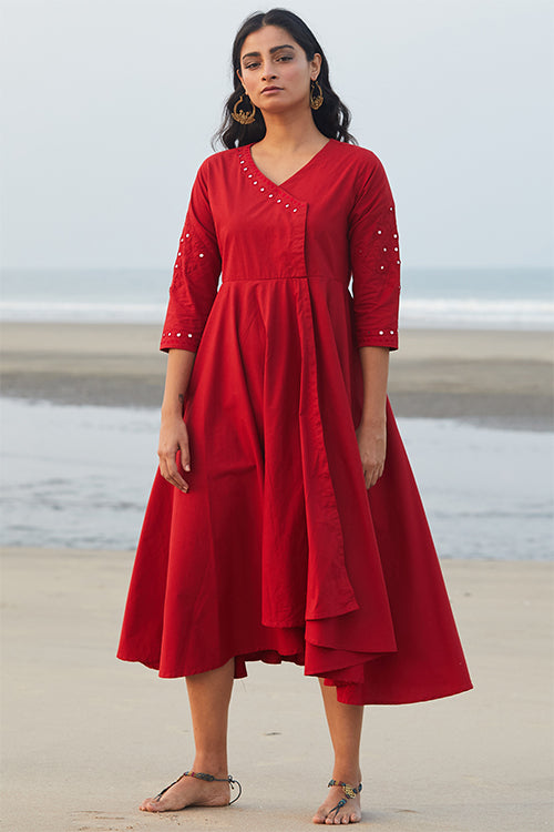 Okhai 'Red Rose' Hand Embroidered Mirror Work Pure Cotton Dress