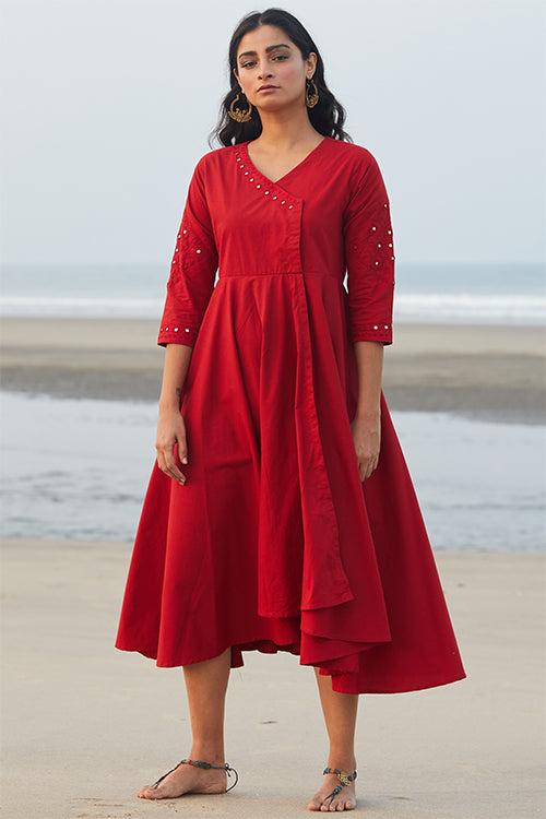 Okhai 'Red Rose' Hand Embroidered Mirror Work Pure Cotton Dress | Rescue