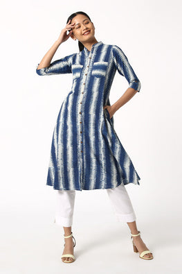 Okhai Relax Indigo Block Print Cotton Dabu Dress For Women Online