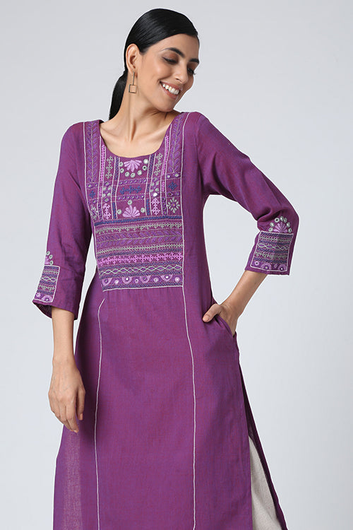 Okhai 'Gauhar' Mirror Work Hand Embroidery Kurta - Purple Cotton