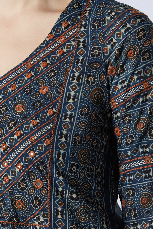 Okhai 'Blue Ivy' Embroidery Mirror Work Cotton Ajrakh Long Kurta | Relove