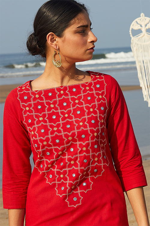 Okhai 'Juliet' Embroidered Mirror Work Cotton Handloom Long Kurta