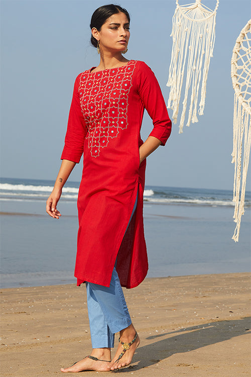 Okhai 'Juliet' Embroidered Mirror Work Cotton Handloom Long Kurta