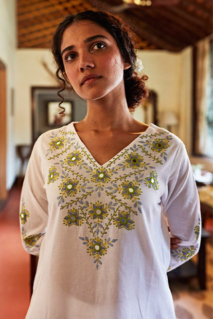 Moonglow Embroidered Mirror Work Cotton Long Kurta For Women Online