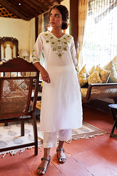 Moonglow Embroidered Mirror Work Cotton Long Kurta For Women Online