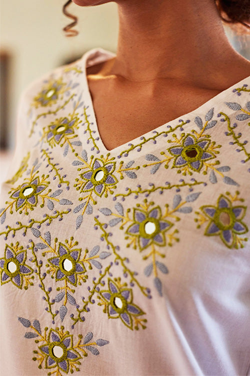 Okhai 'Moonglow' Hand Embroidered Mirror Work Pure Cotton Long Kurta