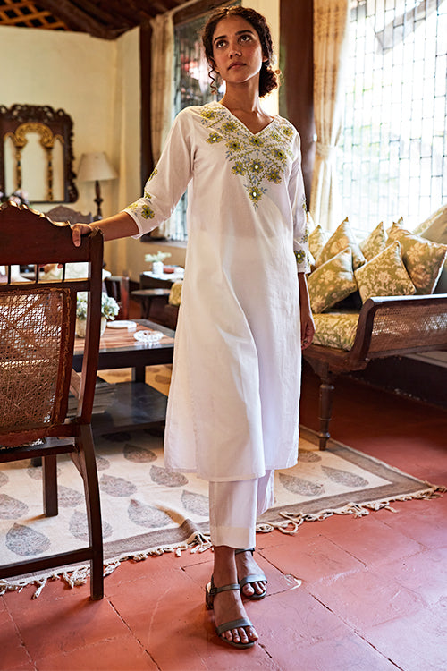 Okhai 'Moonglow' Hand Embroidered Mirror Work Pure Cotton Long Kurta