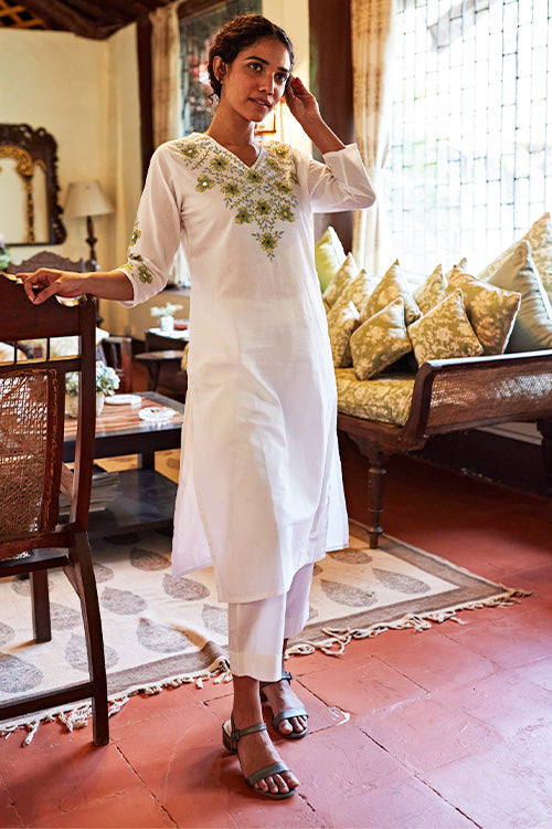 Okhai 'Moonglow' Hand Embroidered Mirror Work Pure Cotton Long Kurta