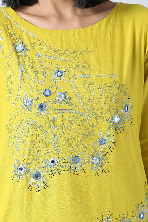 Okhai 'Sun Sparkle' Hand Embroidered  Mirror Work Pure Cotton Long Kurta | Relove
