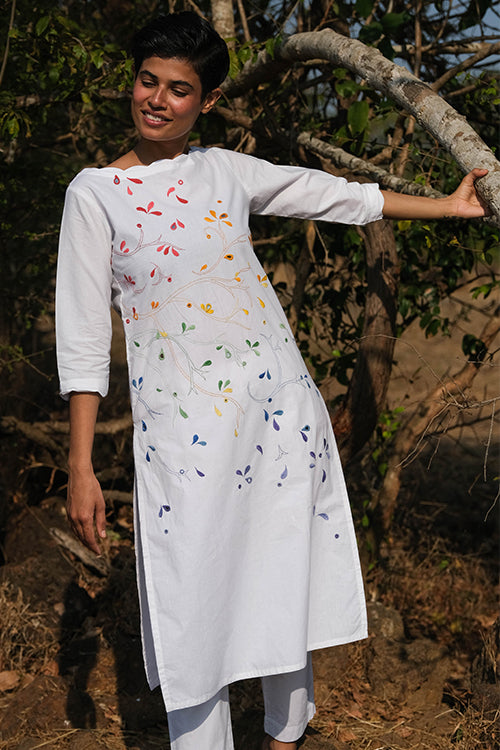 Butterfly Heart Embroidered Mirrorwork Cotton Kurta For Women