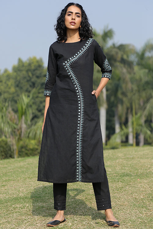 Moon Glory Black Embroidered Mirror Work Cotton Kurta For Women Online