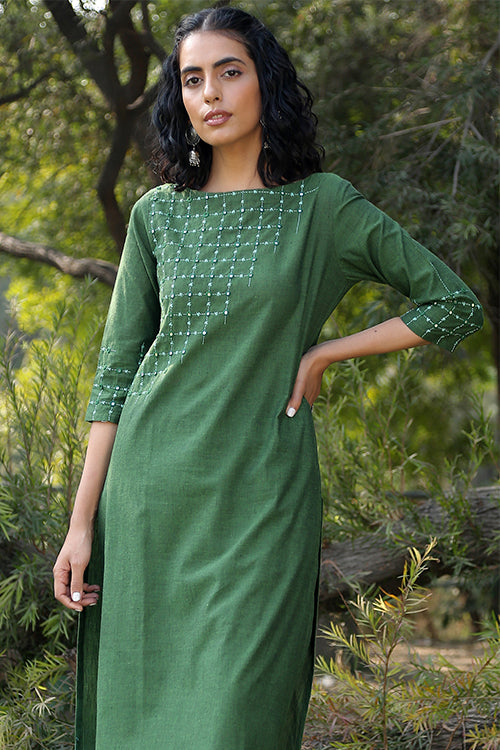 Okhai 'Lush Green' Hand Embroidered Mirror Work Kurta