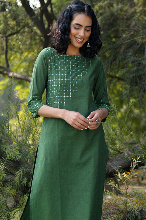 Okhai 'Lush Green' Hand Embroidered Mirror Work Kurta