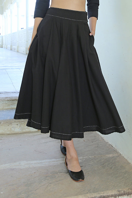 Tranquility Black Mirror Work Pure Cotton Hand Embroidered Skirt Online