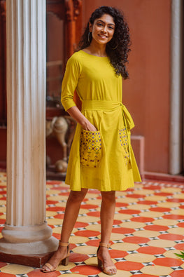 Okhai Sunflower Pure Cotton Mirror Work Dress For Women Online