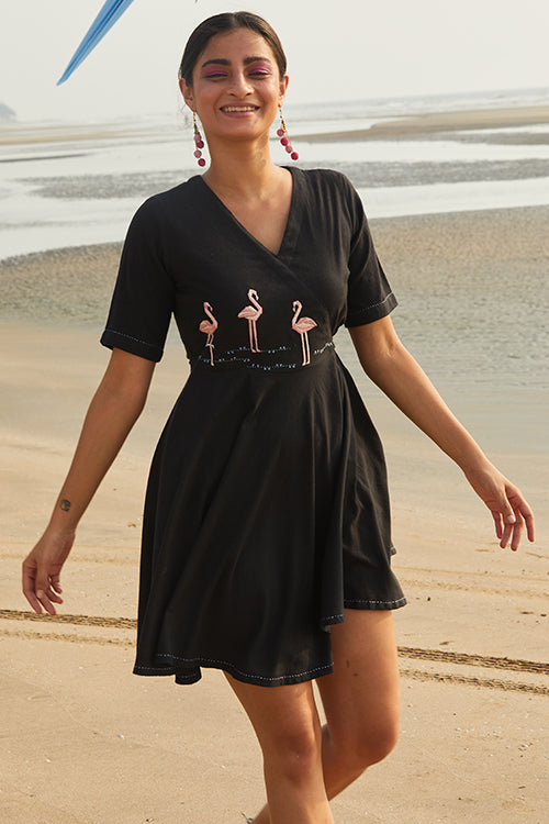 Okhai 'Flamingo Peace' Hand Embroidered Dress