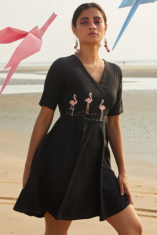 Okhai 'Flamingo Peace' Hand Embroidered Dress