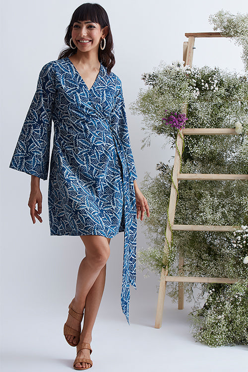 Arctic Hand Block Printed Cotton Indigo Wrap Dress For Women Online