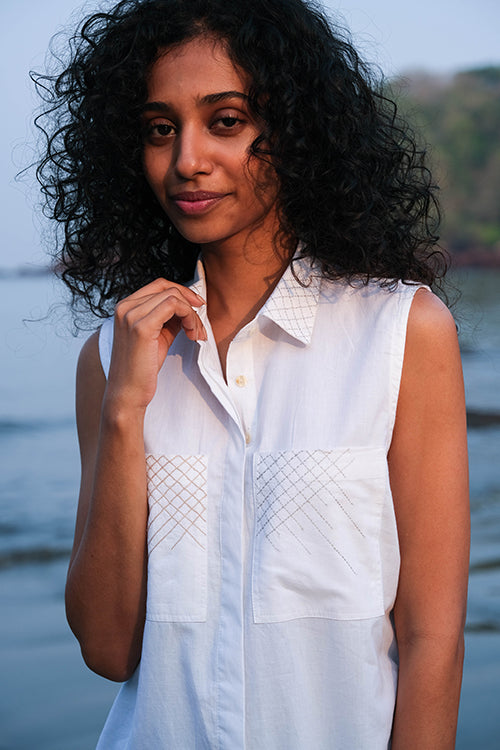 Morning Snow Hand Embroidered White Summer Shirt For Women Online