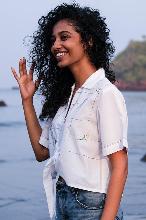 Okhai 'White Bouquet' Hand Embroidery Work Shirt