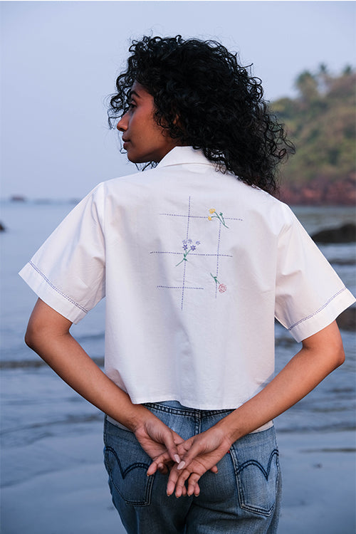 Okhai 'White Bouquet' Hand Embroidery Work Shirt