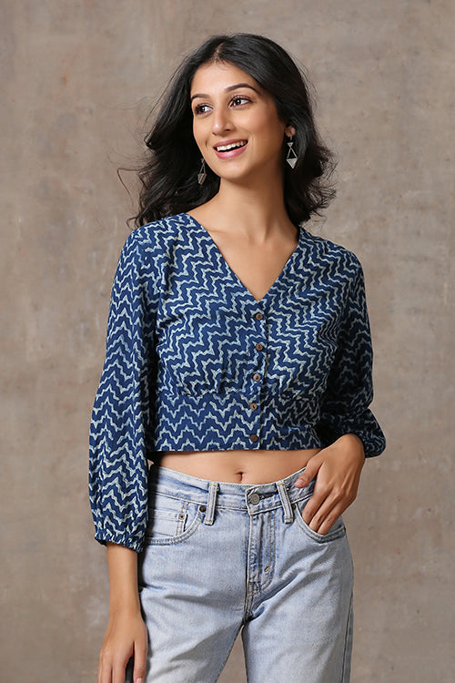 Riverine Cotton Indigo Hand Block Printed Top For Women Online