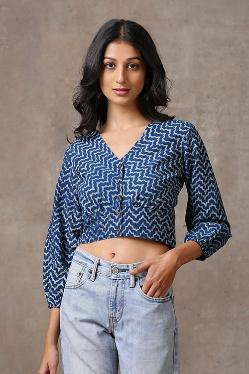 Riverine Cotton Indigo Hand Block Printed Top For Women Online