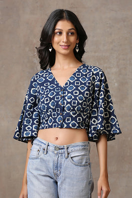 Blossoming Cotton Indigo Hand Block Printed Top For Women Online