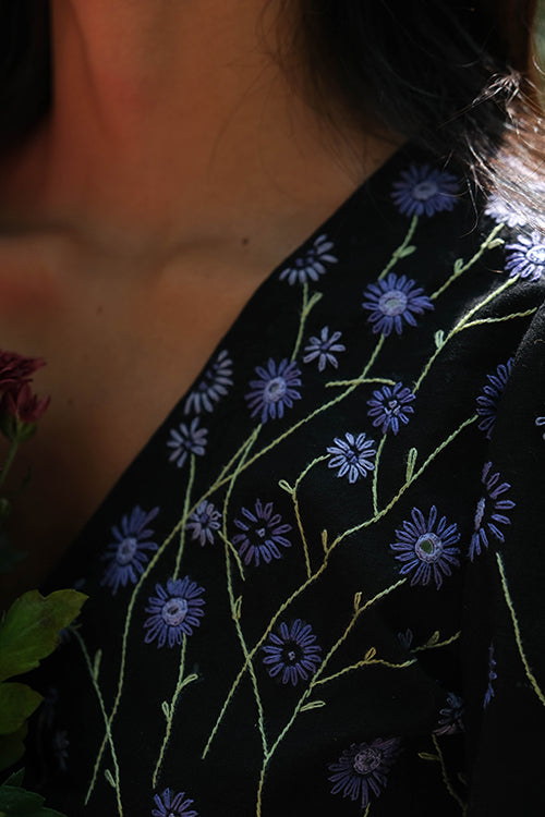 Okhai 'Black Heather' Pure Cotton Hand Embroidered Mirror Work Wrap Top