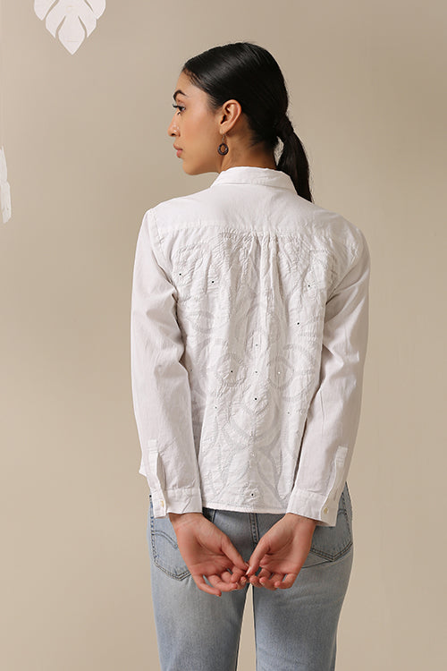 Okhai 'White Harmony' Pure Cotton Applique Work Hand Embroidered Mirror Work Shirt