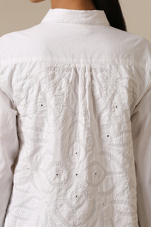 Okhai 'White Harmony' Pure Cotton Applique Work Hand Embroidered Mirror Work Shirt