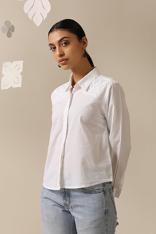 Okhai 'White Harmony' Pure Cotton Applique Work Hand Embroidered Mirror Work Shirt