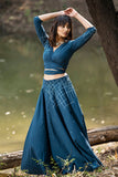 Okhai 'Dancing Blues' Hand Embroidered Mirror Work Crop Top Skirt Set