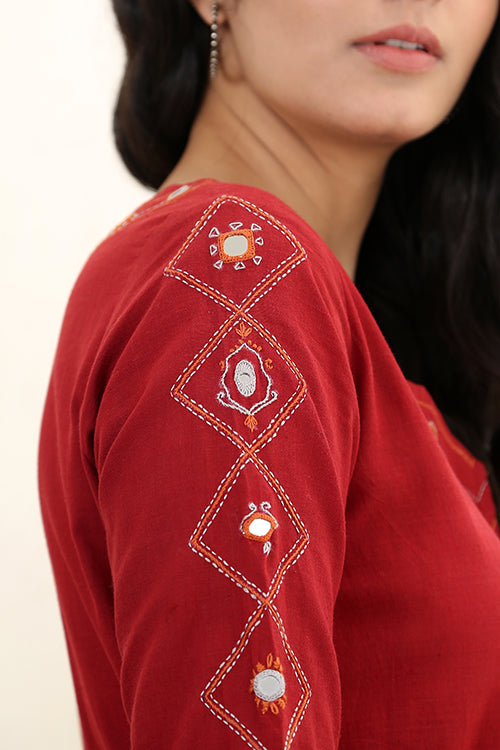 Okhai 'Sanguine' Pure Cotton Hand Embroidered Mirror Work Dress