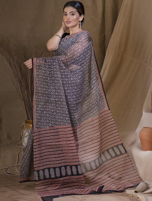 Black Bagru Block Printed Kota Doria Saree Online 