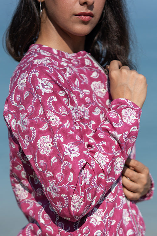Okhai 'Peace Lily' Pure Cotton Hand Embroidered Bomber Jacket