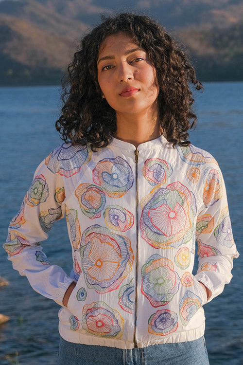 Holi White Hand Embroidered Pure Cotton Bomber Jacket For Women Online