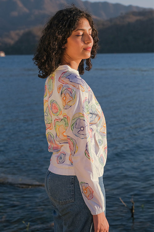 Holi White Hand Embroidered Pure Cotton Bomber Jacket For Women Online