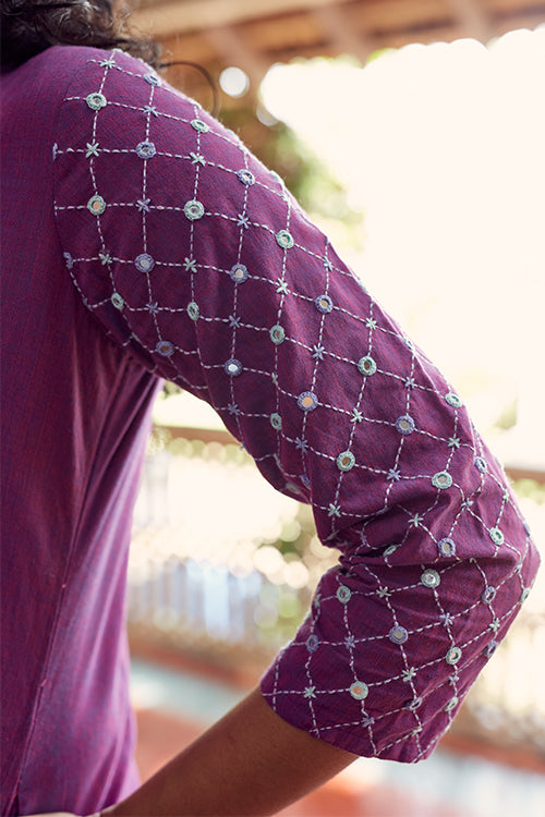 Okhai 'Salvia' Hand Embroidered Mirror Work Pure Cotton Long Kurta Pant Set