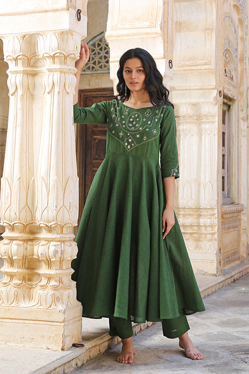 Nostalgia Mirror Work Pure Cotton Embroidered Green Kurta Pant Set