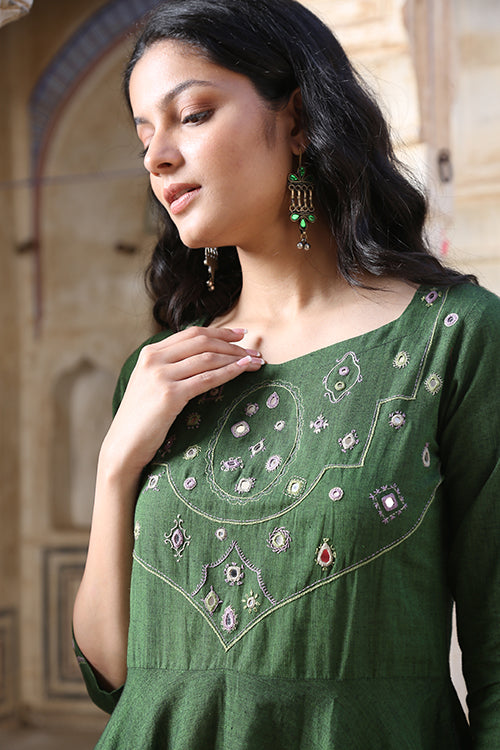 Nostalgia Mirror Work Pure Cotton Embroidered Green Kurta Pant Set