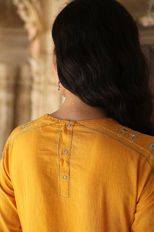 Okhai 'Marigold' Pure Cotton Hand Embroidered Mirror Work Kurta Pant Set